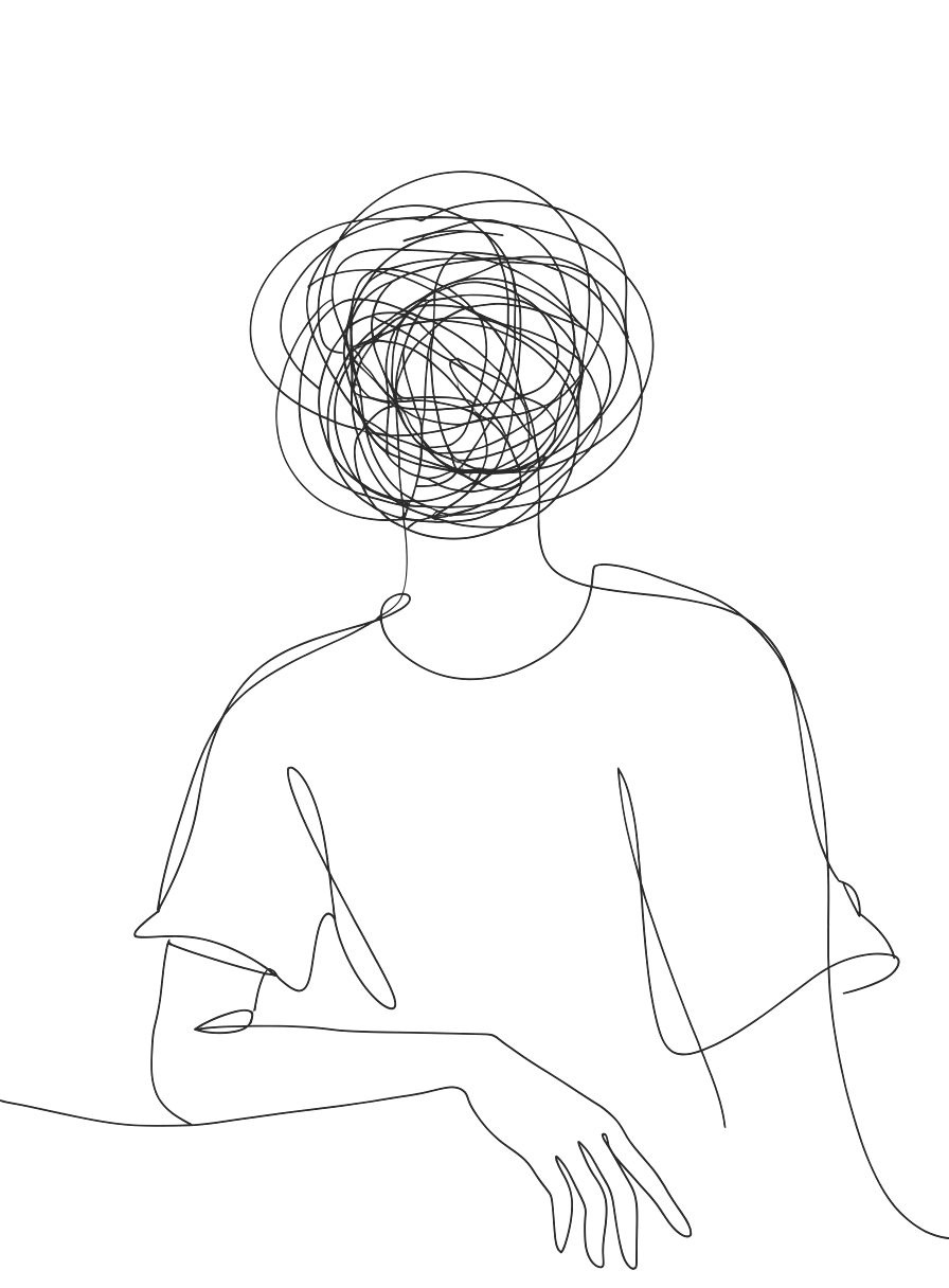 A single-line drawing of a person resting their hand on a table, with a tangled scribble in place of their head