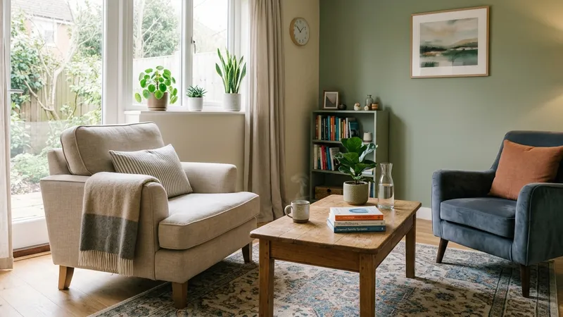 A calm therapy room with two armchairs, a wooden coffee table and plants by the window