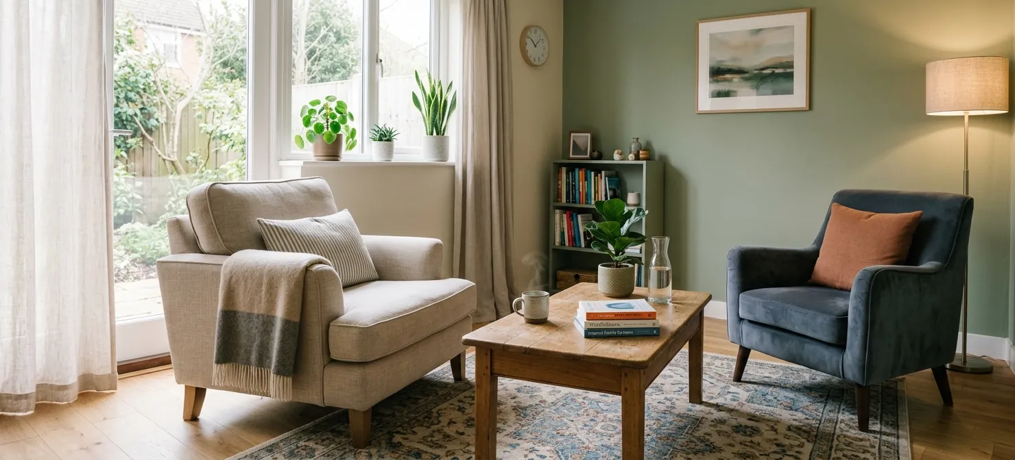 A calm therapy room with two armchairs, a wooden coffee table and plants by the window