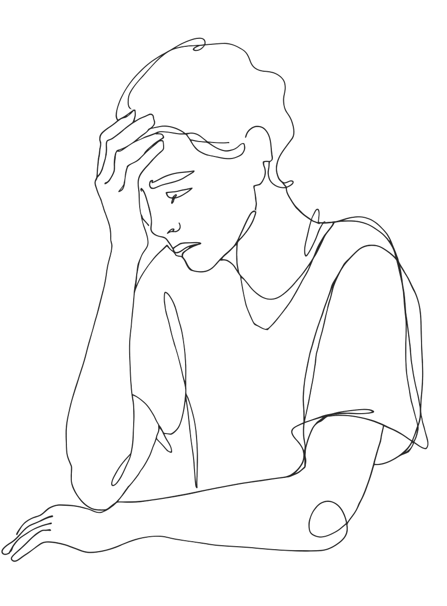 A single-line drawing of a person resting their head in their hand at a table, in a moment of quiet sadness