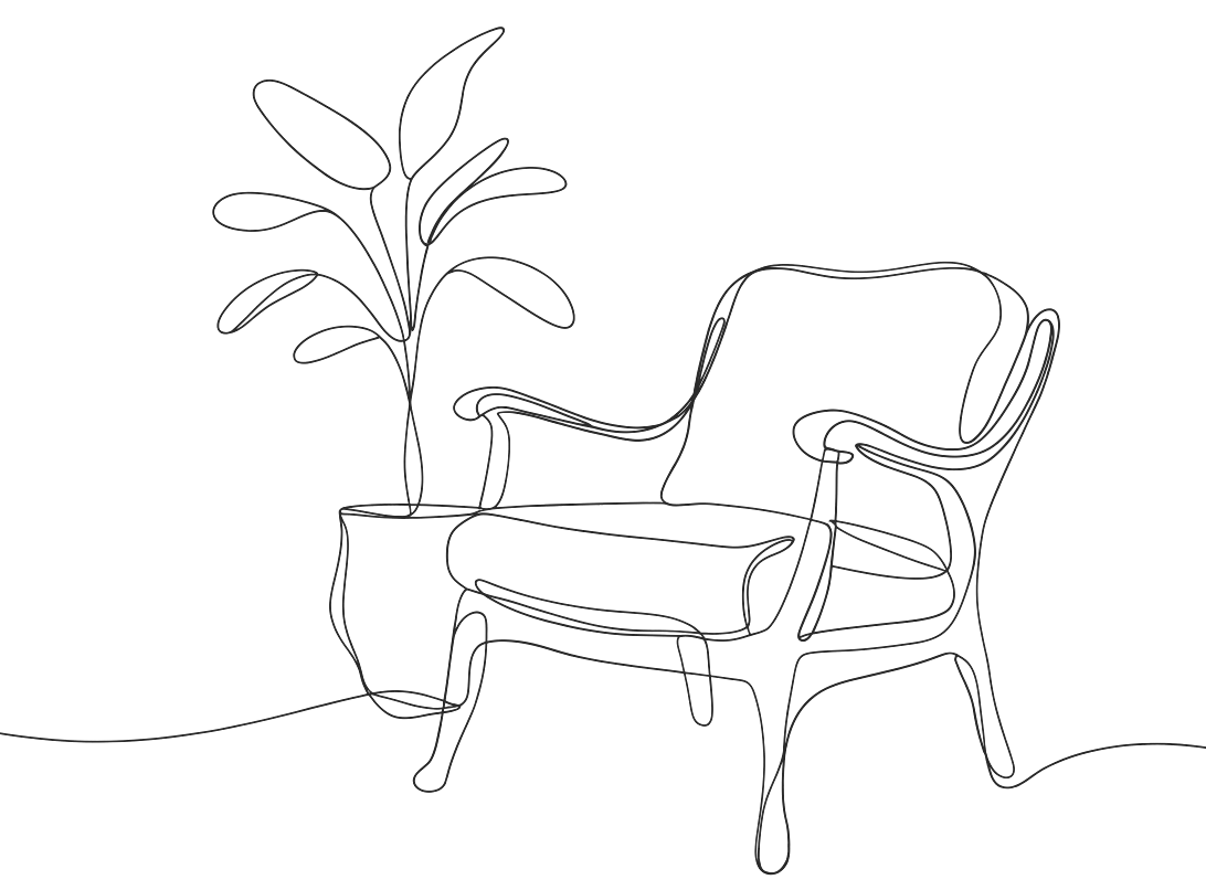 A single-line drawing of a comfortable armchair beside a potted plant